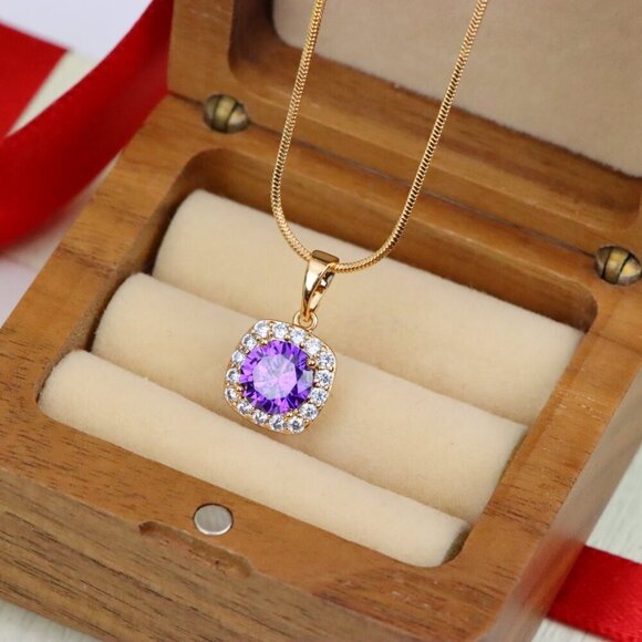 "Purple Round Stone Pendant in Gold Plated Brass with Crystal Halo, XPPT1772 - Picture 10 of 13